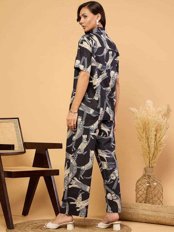 Stylish Summer Cat Print Two-Piece Cotton Co-ords Set for Women