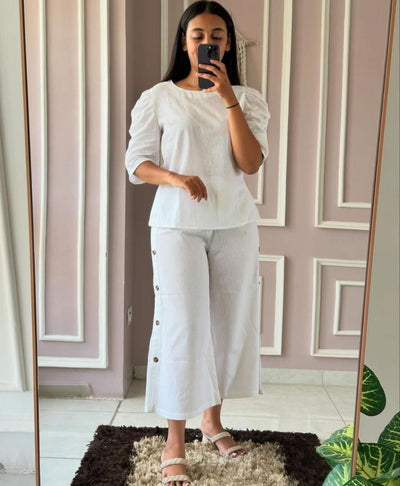 Classic White Cotton Co-ords Set with Puffed Sleeves and Culottes Palazzo for Women