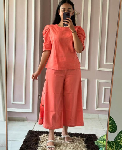 Elegant Coral Cotton Co-ords Set with Puffed Sleeves and Culottes Palazzo for Women