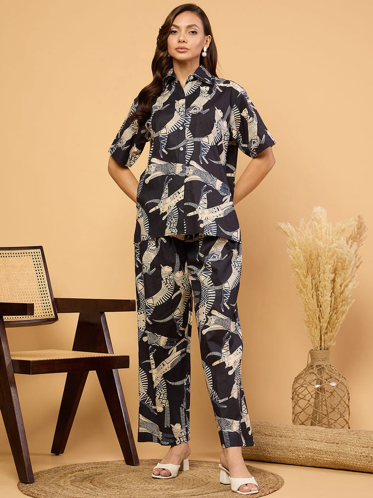 Stylish Summer Cat Print Two-Piece Cotton Co-ords Set for Women