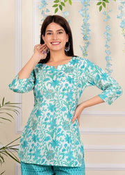 Blue Floral Cotton printed Co-Ord set for Women