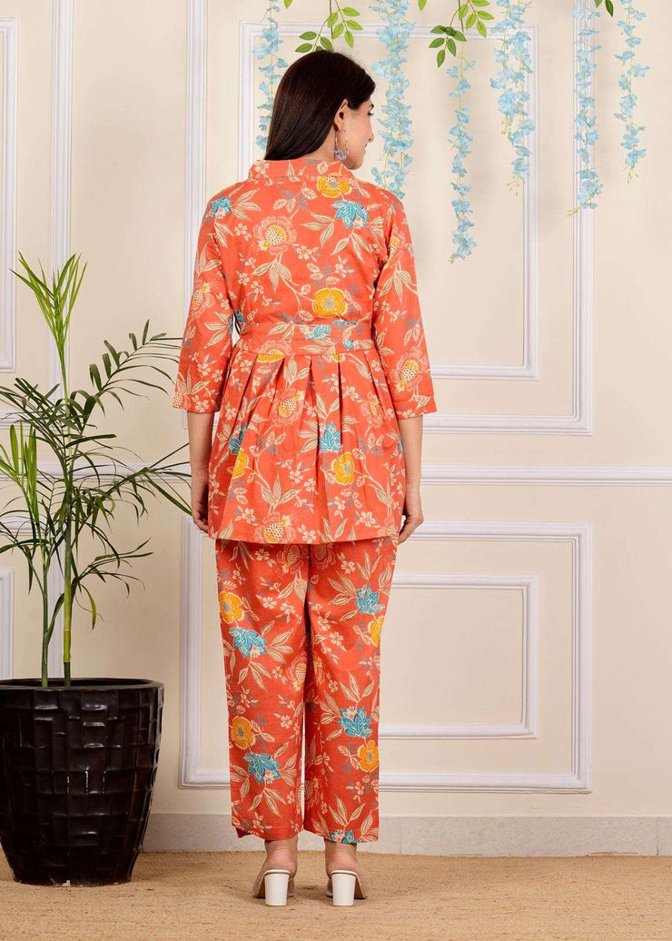 Designer Floral Printed Cotton Co-Ord set for Women with belt