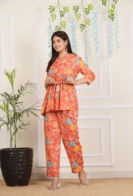 Designer Floral Printed Cotton Co-Ord set for Women with belt