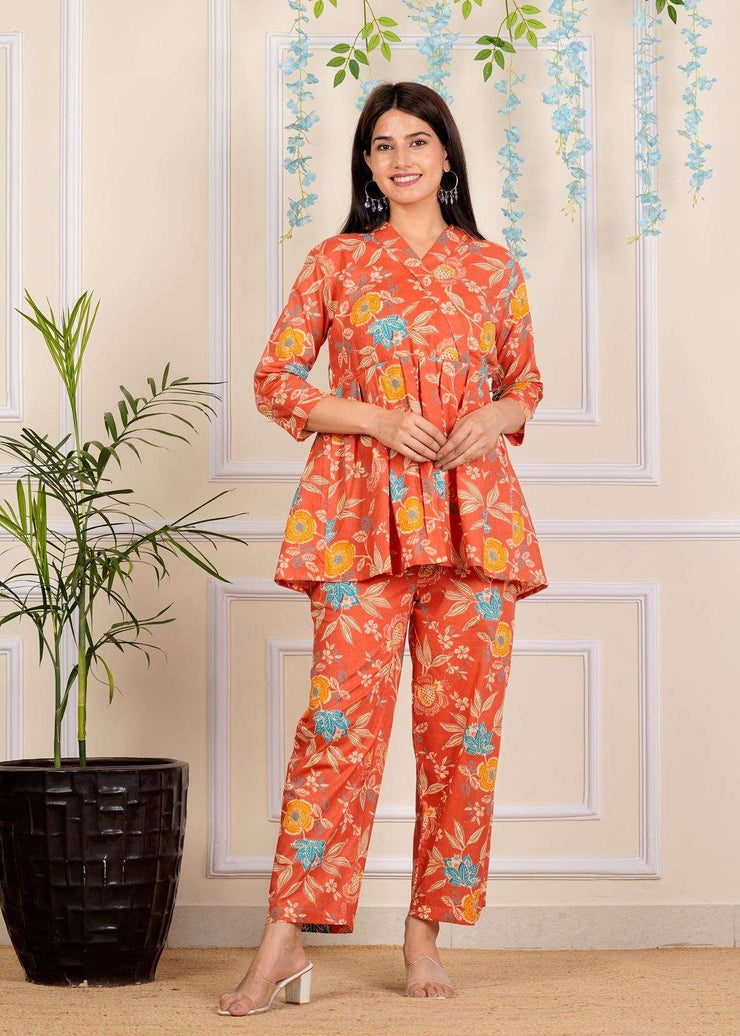 Designer Floral Printed Cotton Co-Ord set for Women with belt