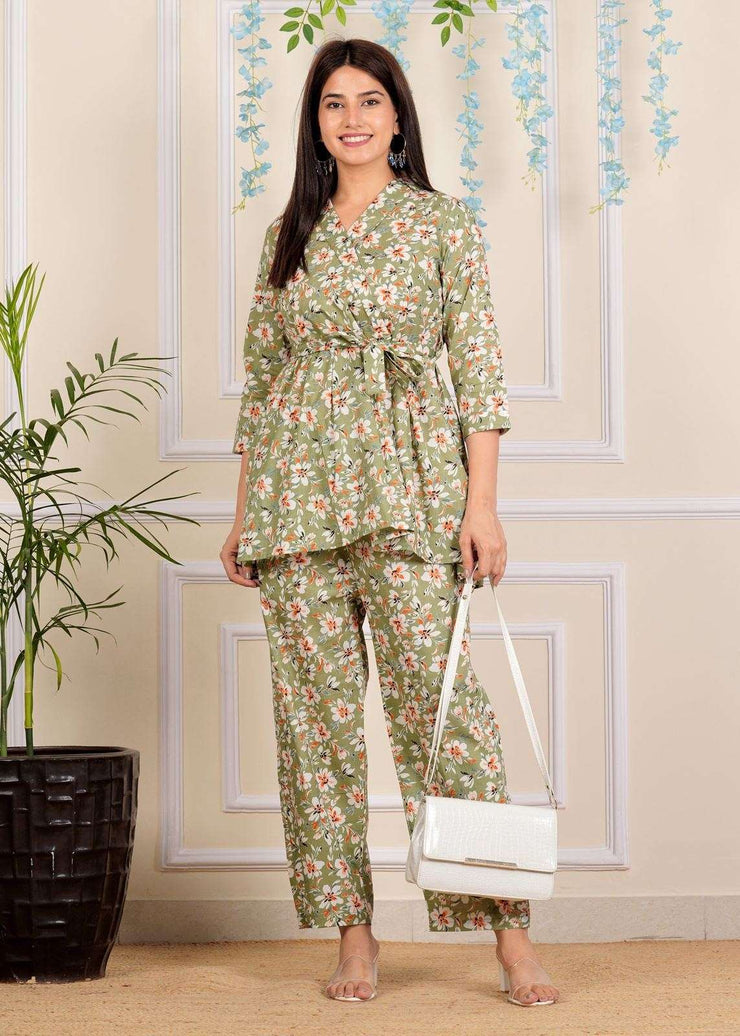 Designer Pastel Green Printed Cotton Co-Ord set for Women with belt