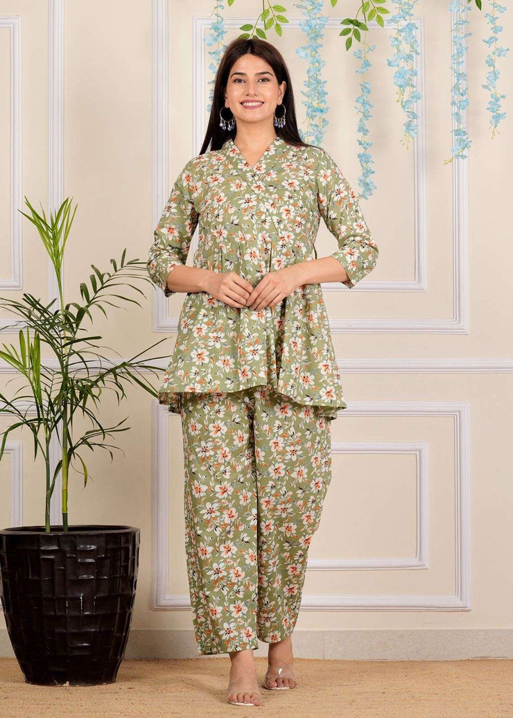 Designer Pastel Green Printed Cotton Co-Ord set for Women with belt