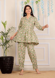 Designer Pastel Green Printed Cotton Co-Ord set for Women with belt