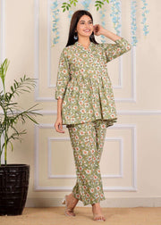 Designer Pastel Green Printed Cotton Co-Ord set for Women with belt