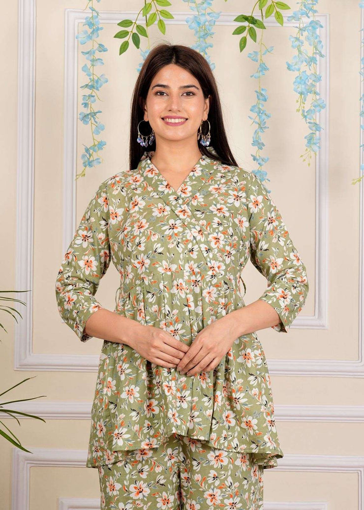 Designer Pastel Green Printed Cotton Co-Ord set for Women with belt