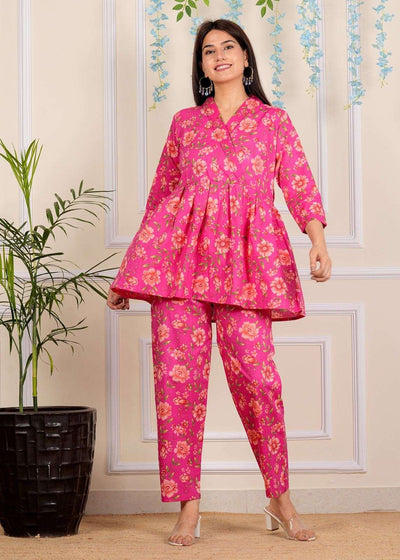 Designer Pink Floral Printed Cotton Co-Ord set for Women with belt