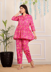 Designer Pink Floral Printed Cotton Co-Ord set for Women with belt