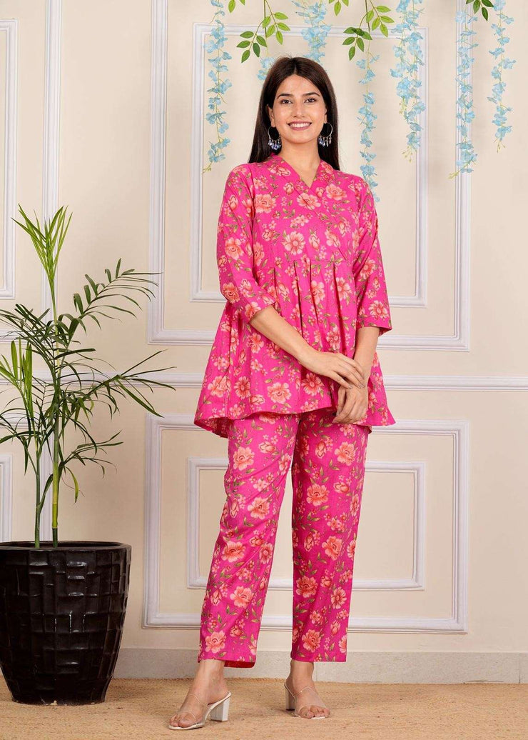 Designer Pink Floral Printed Cotton Co-Ord set for Women with belt