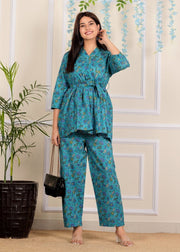 Blue Floral Printed Cotton Co-Ord set for Women with belt