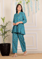 Blue Floral Printed Cotton Co-Ord set for Women with belt