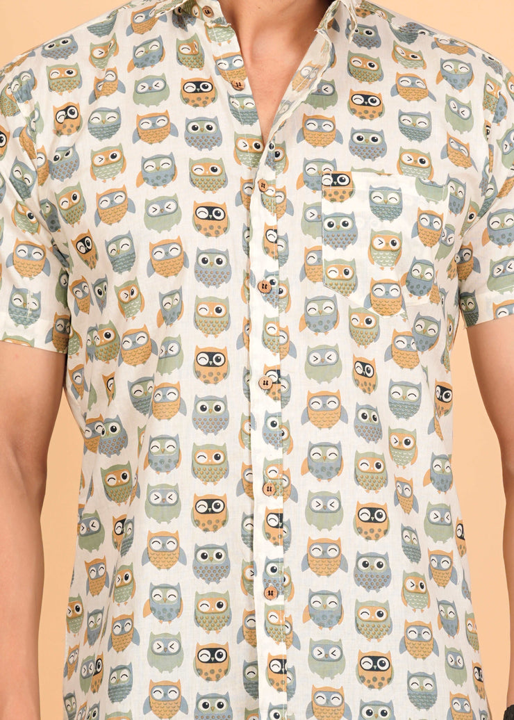 White Multicolor Owl Printed Half Sleeves Cotton Shirt