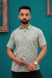 Men's Jaipur Block Print Cotton Shirt – Sage Green Leaf Pattern