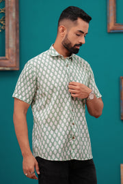 Men's Jaipur Block Print Cotton Shirt – Sage Green Leaf Pattern