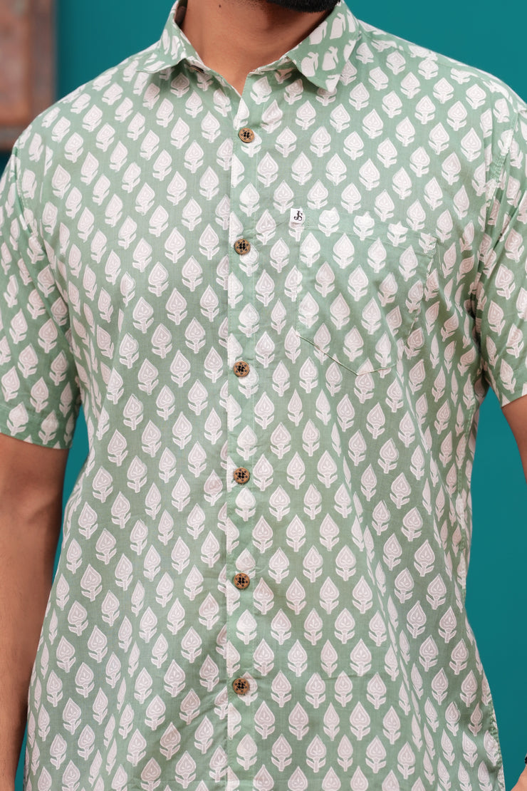 Men's Jaipur Block Print Cotton Shirt – Sage Green Leaf Pattern