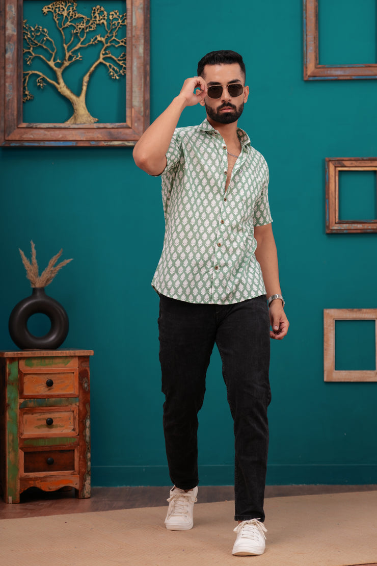 Men's Jaipur Block Print Cotton Shirt – Sage Green Leaf Pattern