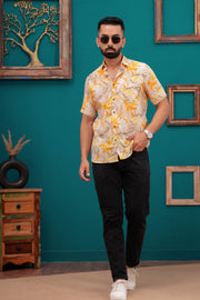 Men's Tropical Leaf Print Casual Shirt – Sunset Yellow and Beige