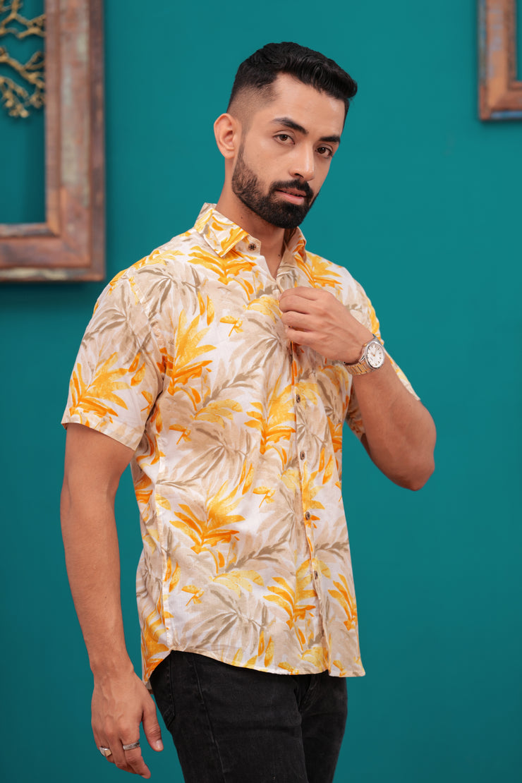 Men's Tropical Leaf Print Casual Shirt – Sunset Yellow and Beige