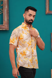 Men's Tropical Leaf Print Casual Shirt – Sunset Yellow and Beige