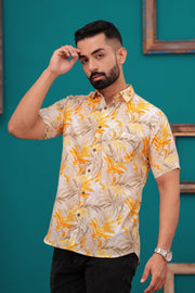 Men's Tropical Leaf Print Casual Shirt – Sunset Yellow and Beige