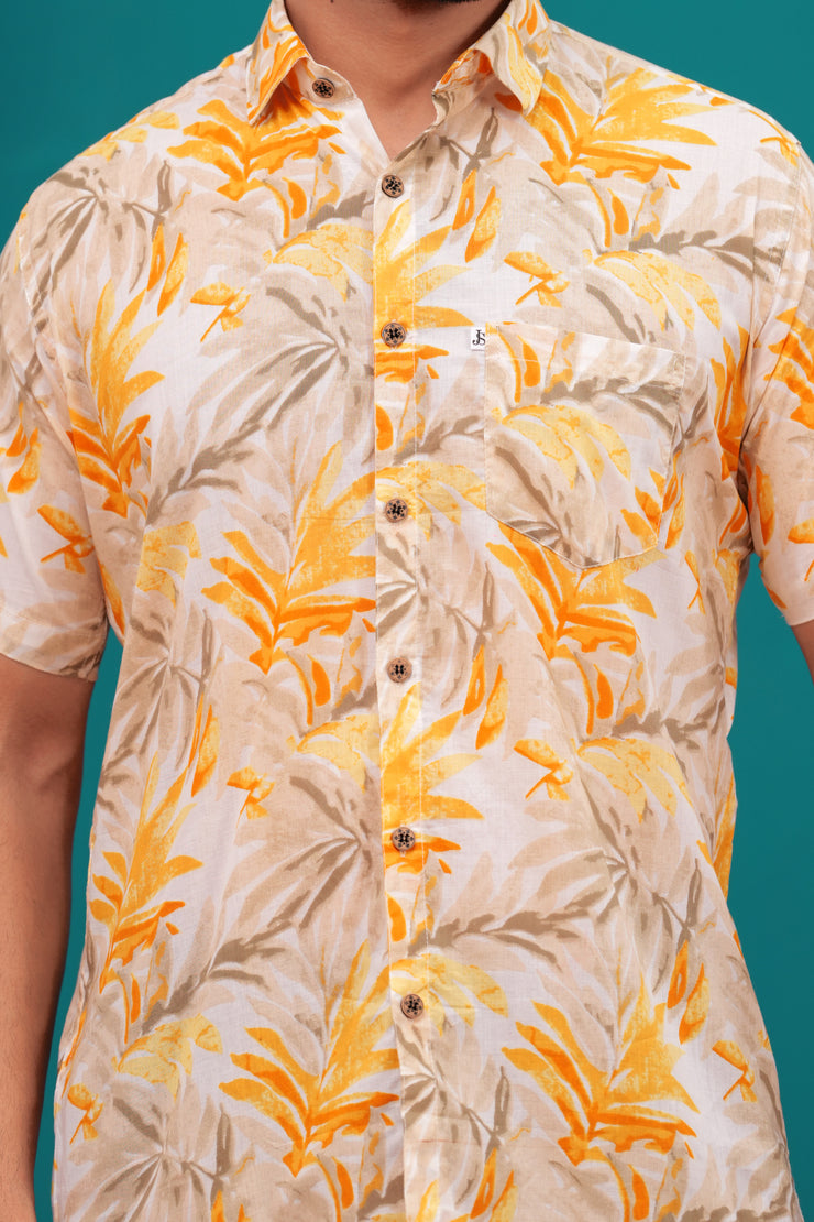 Men's Tropical Leaf Print Casual Shirt – Sunset Yellow and Beige