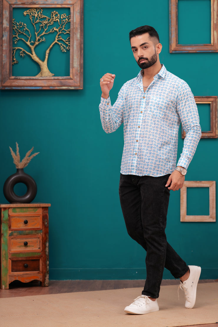 Men's Jaipur Cotton Shirt with Blue Elephant Print – Fun and Casual