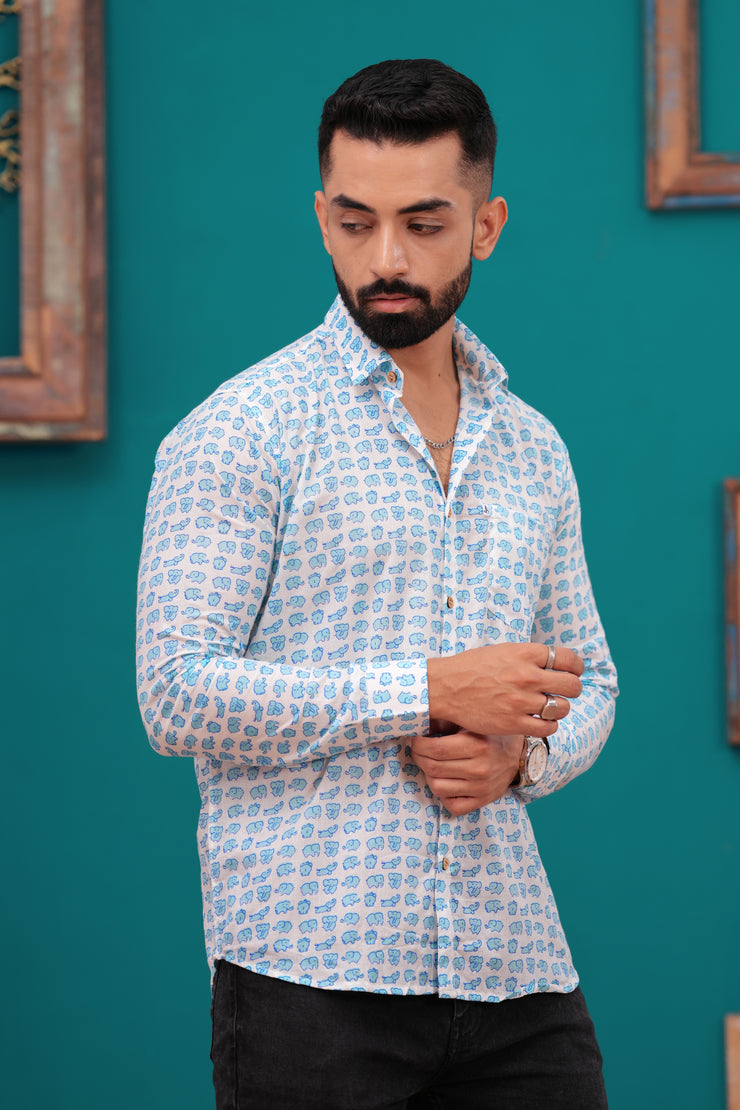 Men's Jaipur Cotton Shirt with Blue Elephant Print – Fun and Casual