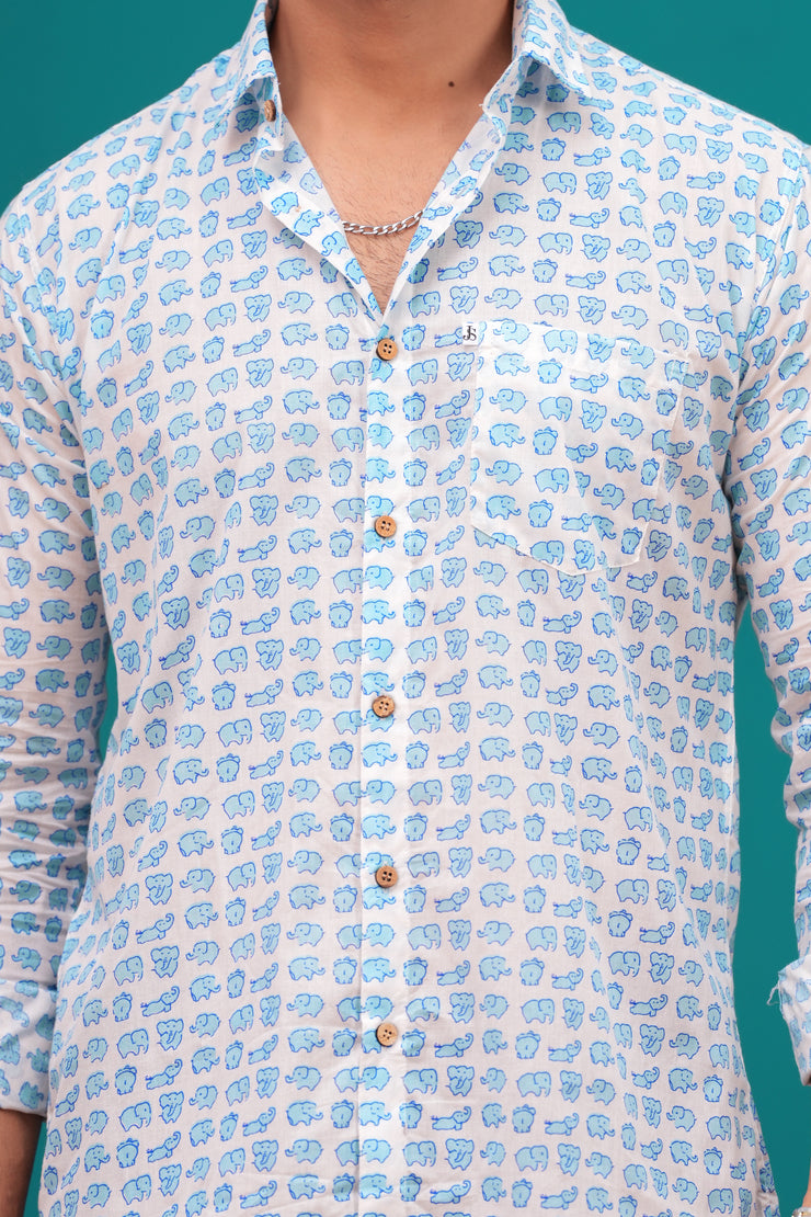 Men's Jaipur Cotton Shirt with Blue Elephant Print – Fun and Casual