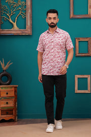 Men's Floral Print Jaipur Cotton Shirt – Soft Pink with White Lily Motif