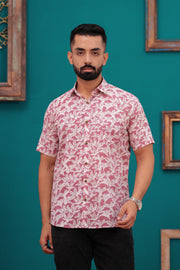 Men's Floral Print Jaipur Cotton Shirt – Soft Pink with White Lily Motif