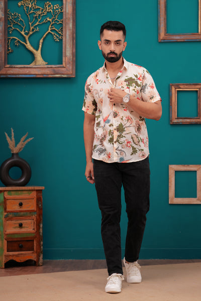 Men's Vintage Floral Print Jaipur Half Sleeve Shirt – Soft Cream with Botanical Design