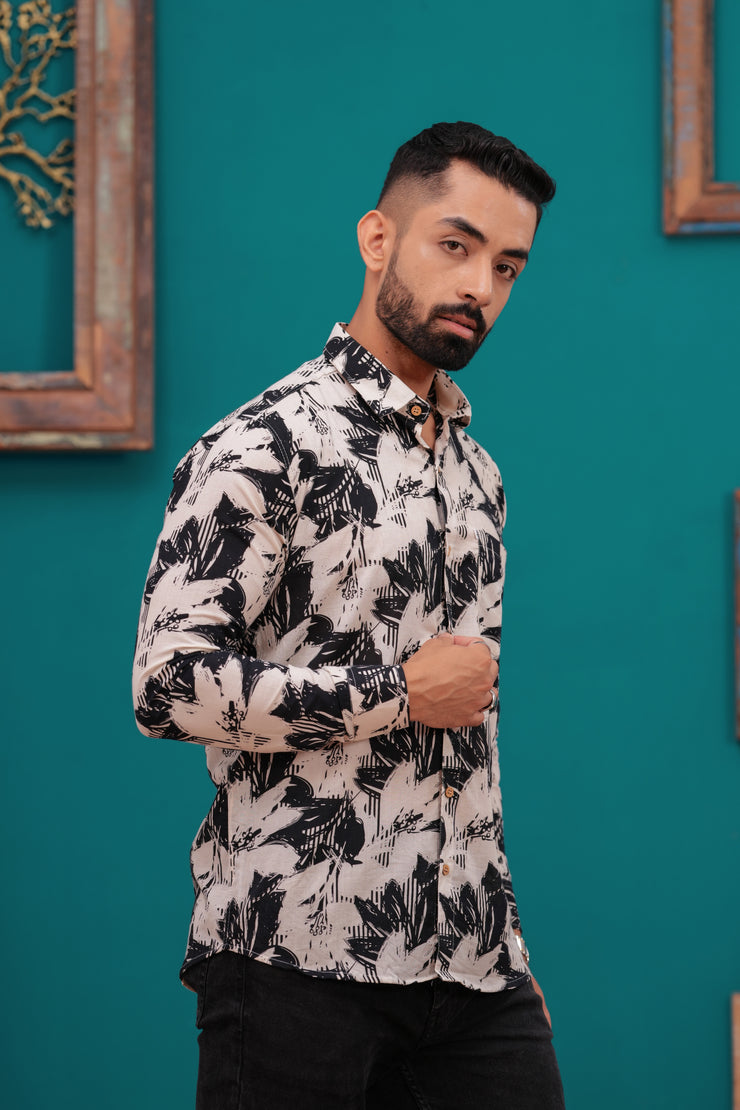 Men's Abstract Black and White Print Jaipur Full Sleeve Shirt – Artistic Design