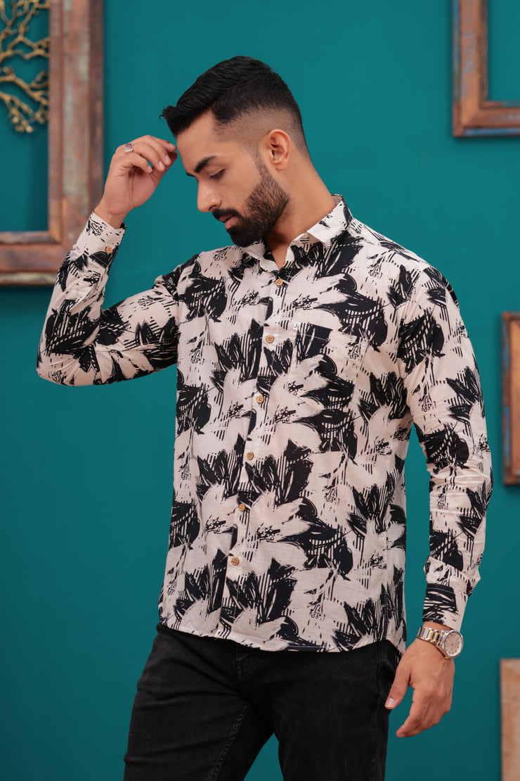 Men's Abstract Black and White Print Jaipur Full Sleeve Shirt – Artistic Design