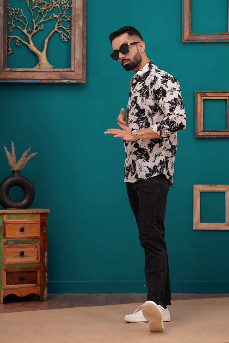 Men's Abstract Black and White Print Jaipur Full Sleeve Shirt – Artistic Design