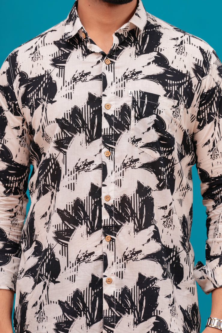 Men's Abstract Black and White Print Jaipur Full Sleeve Shirt – Artistic Design