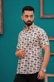 Men's Ethnic Elephant Print Half Sleeve Shirt – Beige with Black and Grey Motifs