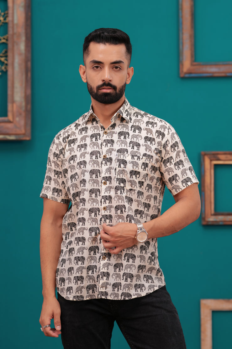 Men's Ethnic Elephant Print Half Sleeve Shirt – Beige with Black and Grey Motifs