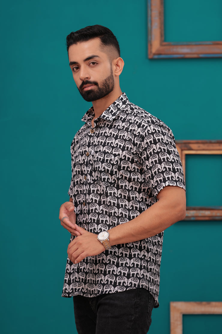 Men's Black and White Elephant Print Jaipur Half Sleeve Shirt – Bold Ethnic Design