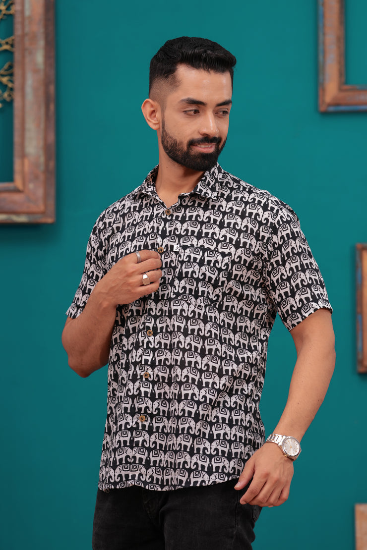 Men's Black and White Elephant Print Jaipur Half Sleeve Shirt – Bold Ethnic Design