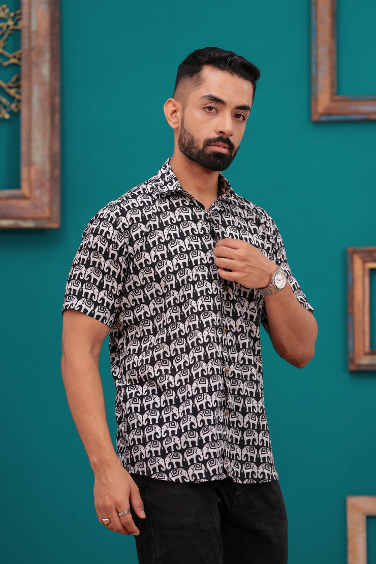 Men's Black and White Elephant Print Jaipur Half Sleeve Shirt – Bold Ethnic Design