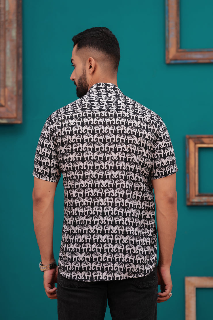 Men's Black and White Elephant Print Jaipur Half Sleeve Shirt – Bold Ethnic Design