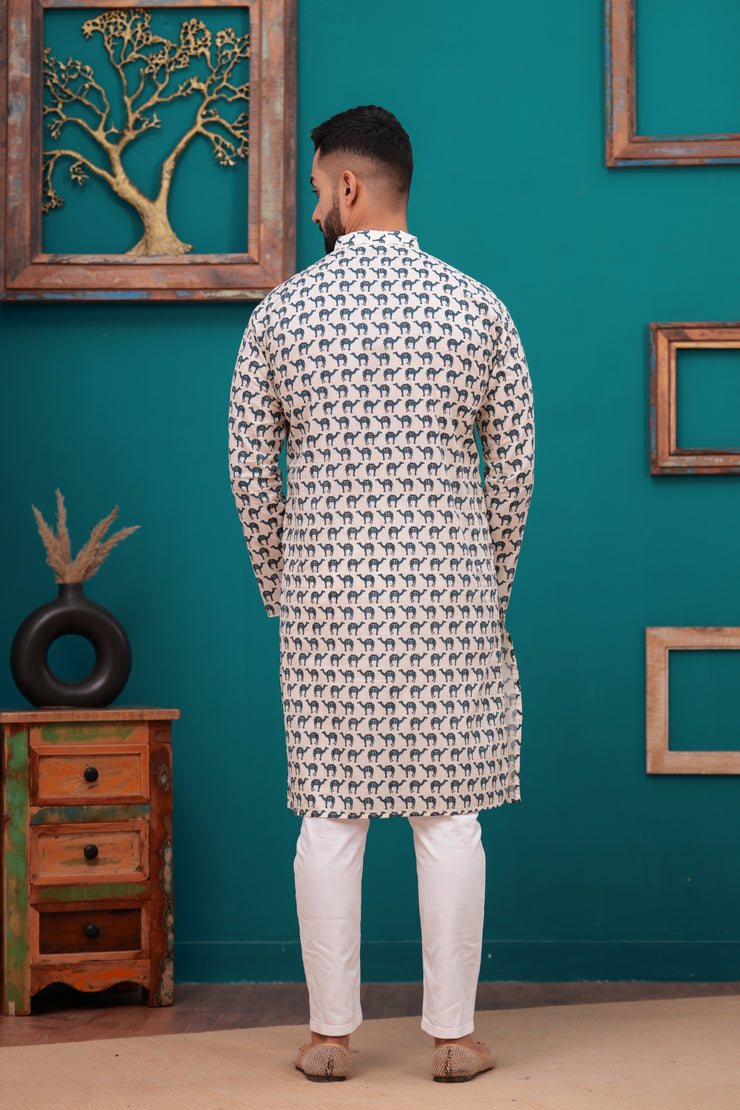 Men's Jaipur Ethnic Elephant Print Kurta – Beige with Navy Motif