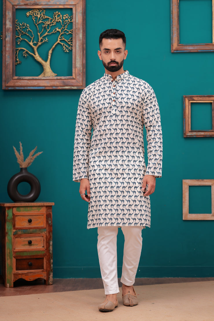 Men's Jaipur Ethnic Elephant Print Kurta – Beige with Navy Motif