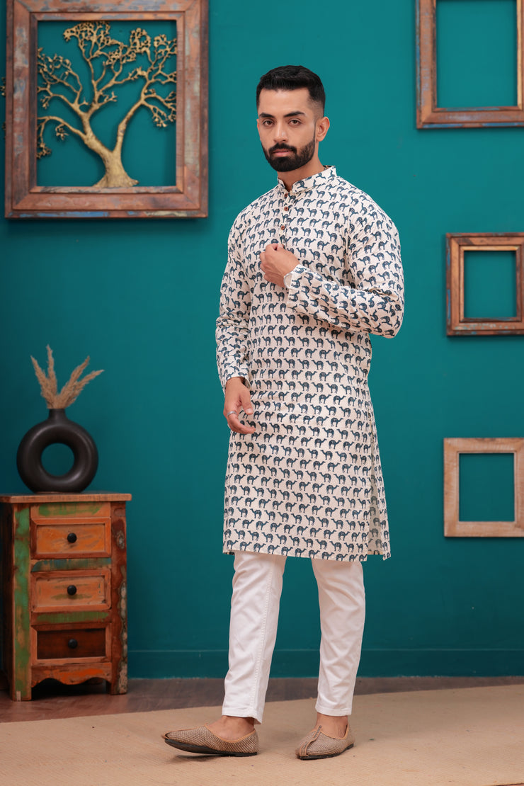 Men's Jaipur Ethnic Elephant Print Kurta – Beige with Navy Motif