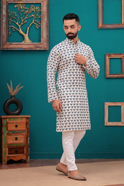 Men's Jaipur Ethnic Elephant Print Kurta – Beige with Navy Motif