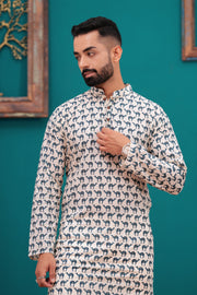 Men's Jaipur Ethnic Elephant Print Kurta – Beige with Navy Motif