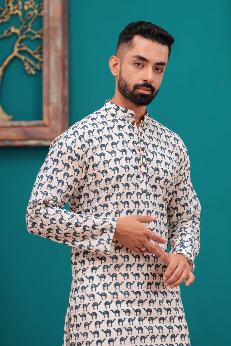 Men's Jaipur Ethnic Elephant Print Kurta – Beige with Navy Motif